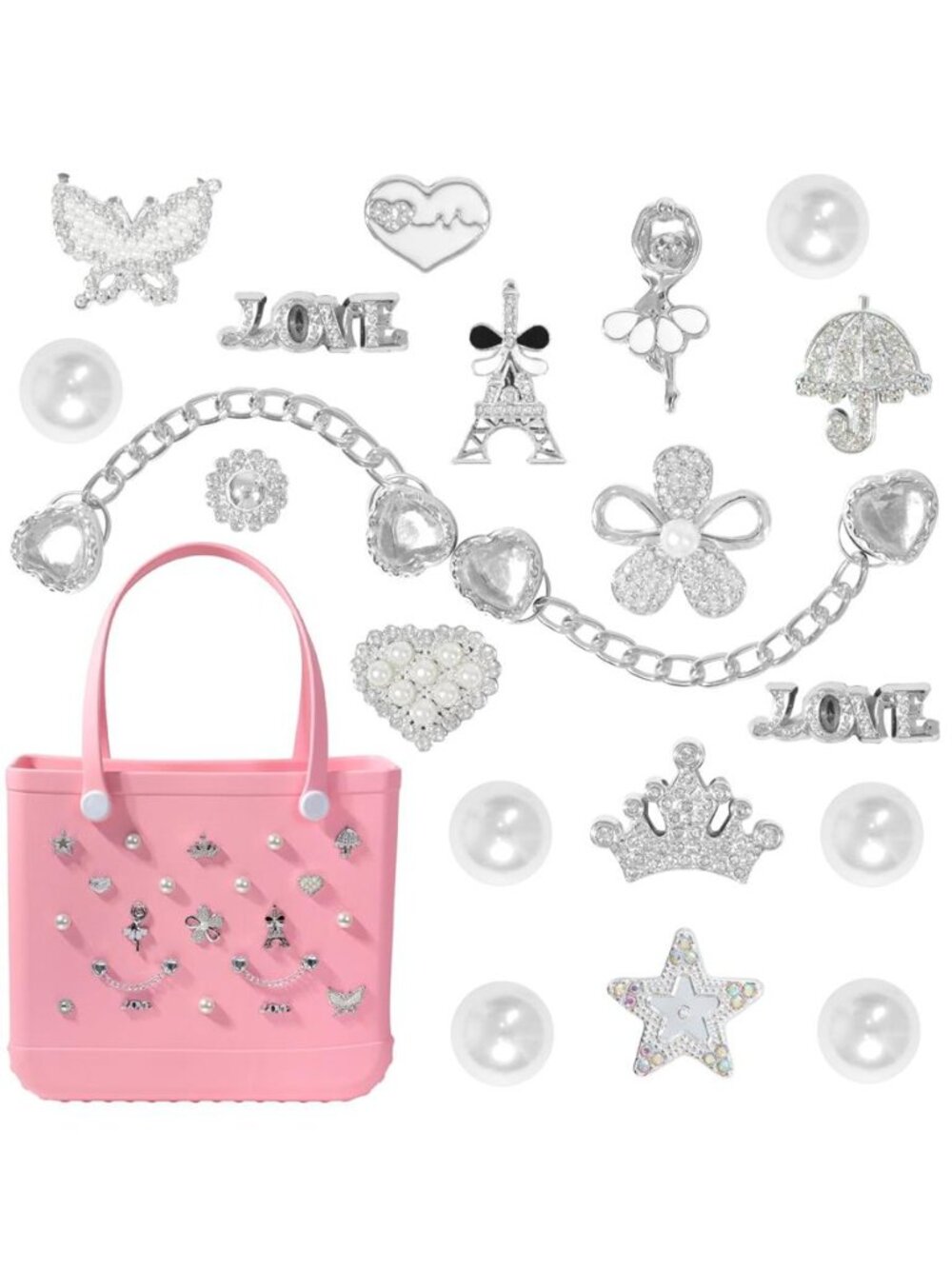 Charms for Bogg Bag, Flower Pearls & Butterfly one size, Silver
